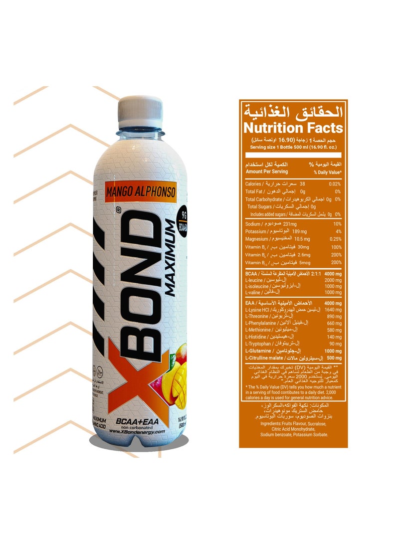 X-BOND 9g BCAA + EAA Mango Alphonso Maximum Recovery Non Carbonated Drink Maximum Amino Drink Electrolytes Drink 16 fl oz 500 ml Sugar Free 34 Calories 60 Mg