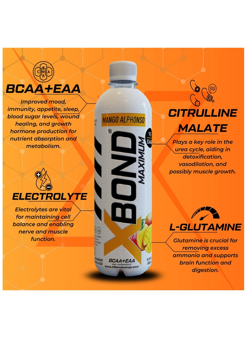 X-BOND 9g BCAA + EAA Mango Alphonso Maximum Recovery Non Carbonated Drink Maximum Amino Drink Electrolytes Drink 16 fl oz 500 ml Sugar Free 34 Calories 60 Mg