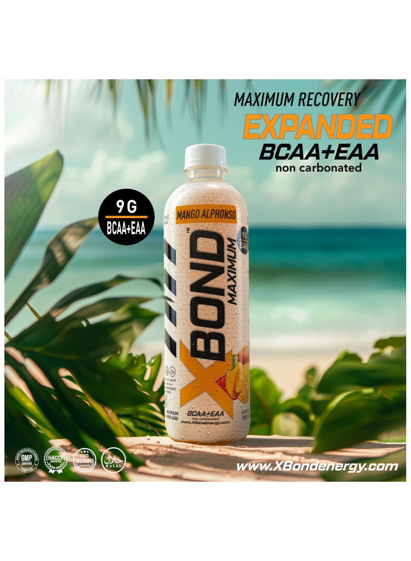 X-BOND 9g BCAA + EAA Mango Alphonso Maximum Recovery Non Carbonated Drink Maximum Amino Drink Electrolytes Drink 16 fl oz 500 ml Sugar Free 34 Calories 60 Mg