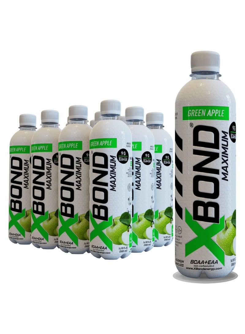 X-BOND 9g BCAA + EAA Green Apple Maximum Recovery  Non Carbonated Drink Maximum Amino Drink -  Electrolytes Drink - 16 fl oz (500 ml), Sugar Free 34 Calories, 60mg Caffeine Pack of 12