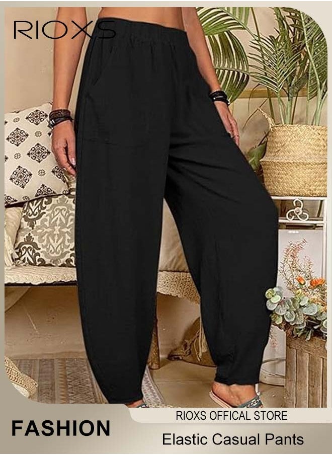 Women Casual Pants, Regular Fit Basic Trousers With Front Pockets, Women's Dual Pockets Cotton Linen Harem Pants, Ladies High Waisted Pants Trousers, Lounge Trousers For Women Work And Daily Wear