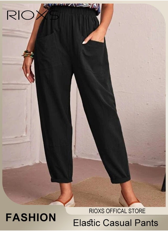 Women Casual Pants, Regular Fit Basic Trousers With Front Pockets, Women's Dual Pockets Cotton Linen Harem Pants, Ladies High Waisted Pants Trousers, Lounge Trousers For Women Work And Daily Wear