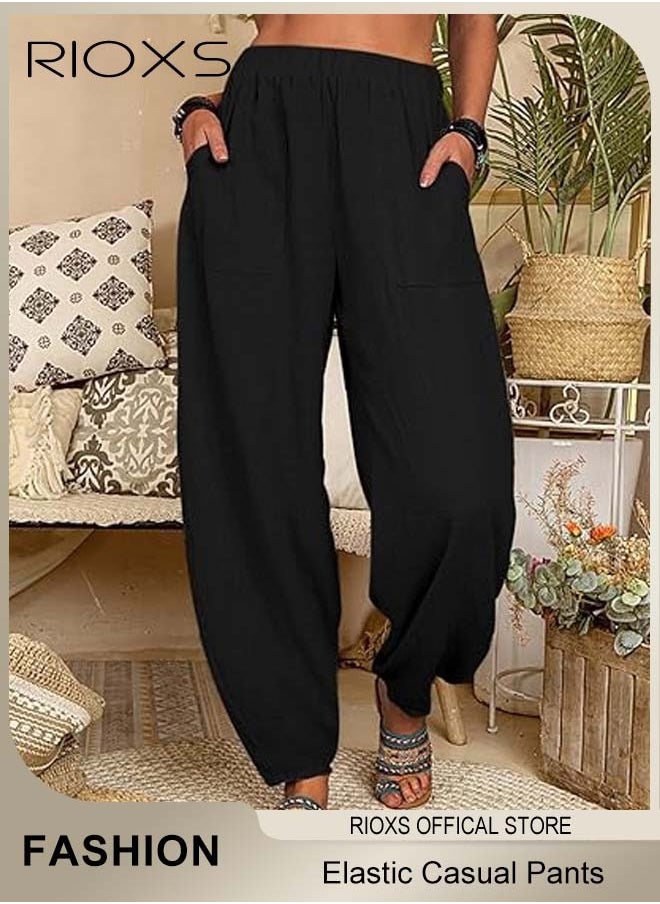 Women Casual Pants, Regular Fit Basic Trousers With Front Pockets, Women's Dual Pockets Cotton Linen Harem Pants, Ladies High Waisted Pants Trousers, Lounge Trousers For Women Work And Daily Wear