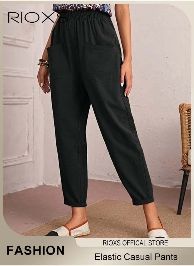 Women Casual Pants, Regular Fit Basic Trousers With Front Pockets, Women's Dual Pockets Cotton Linen Harem Pants, Ladies High Waisted Pants Trousers, Lounge Trousers For Women Work And Daily Wear