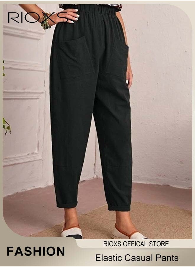 Women Casual Pants, Regular Fit Basic Trousers With Front Pockets, Women's Dual Pockets Cotton Linen Harem Pants, Ladies High Waisted Pants Trousers, Lounge Trousers For Women Work And Daily Wear