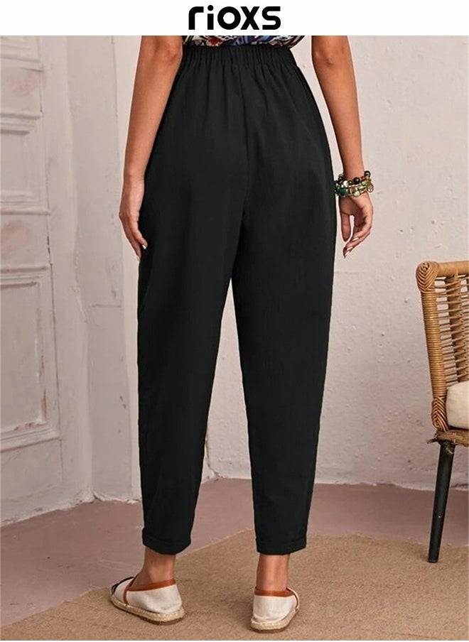 Women Casual Pants, Regular Fit Basic Trousers With Front Pockets, Women's Dual Pockets Cotton Linen Harem Pants, Ladies High Waisted Pants Trousers, Lounge Trousers For Women Work And Daily Wear