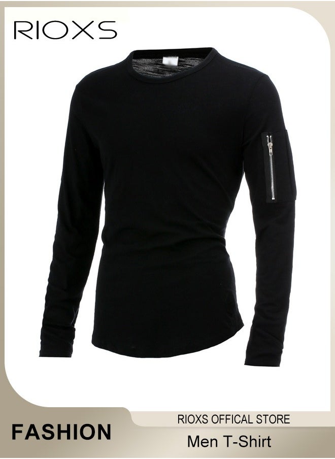 Mens Basic Shirts Cotton Crewneck Tops Casual T-Shirt Arm Zipper Tees Long Sleeve Slim Fit Undershirts HipsterTops For Workout Daily Wear