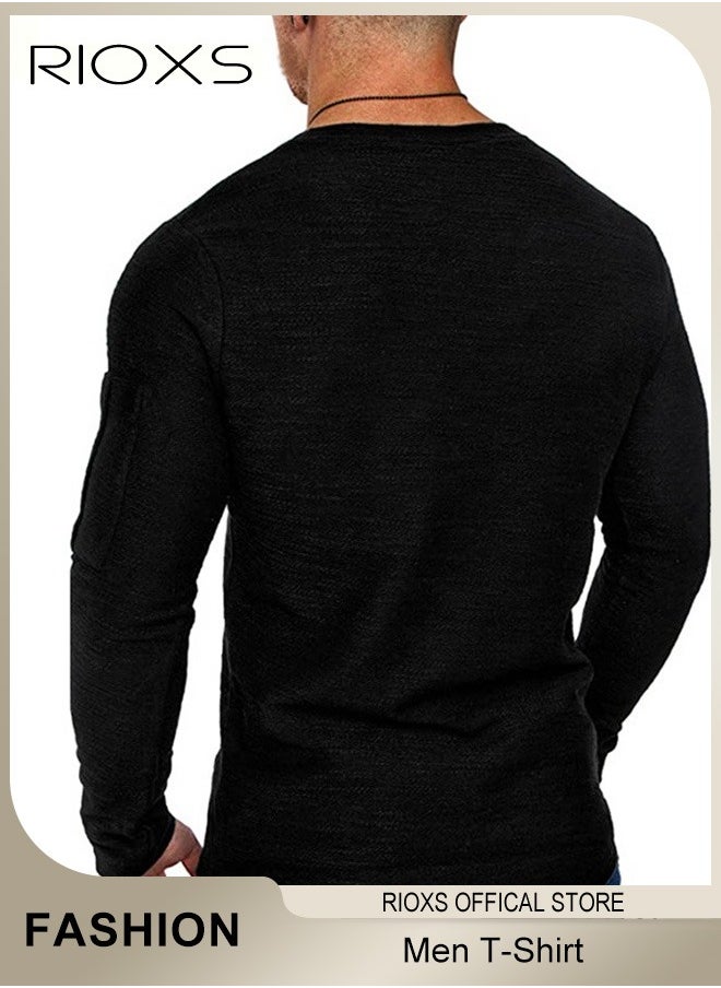 Mens Basic Shirts Cotton Crewneck Tops Casual T-Shirt Arm Zipper Tees Long Sleeve Slim Fit Undershirts HipsterTops For Workout Daily Wear
