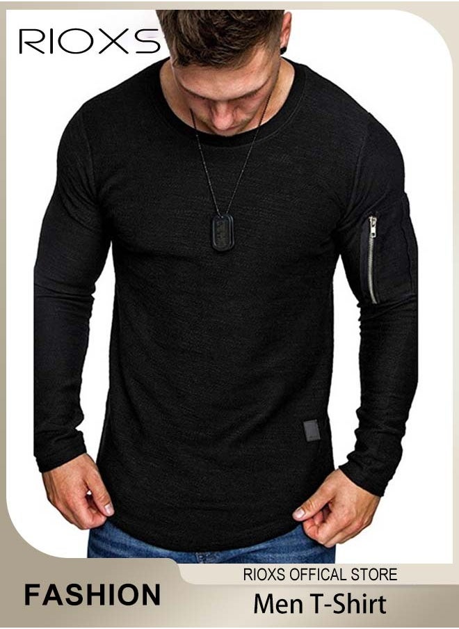 Mens Basic Shirts Cotton Crewneck Tops Casual T-Shirt Arm Zipper Tees Long Sleeve Slim Fit Undershirts HipsterTops For Workout Daily Wear