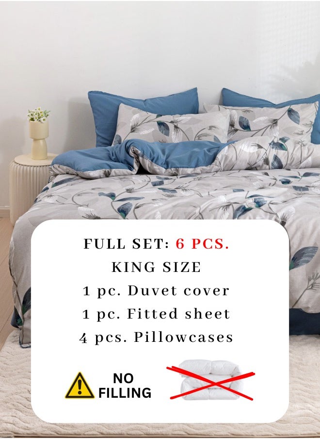 King Size 6 Piece Duvet Cover Set Contemporary Leaf Print Bedding Set Grey