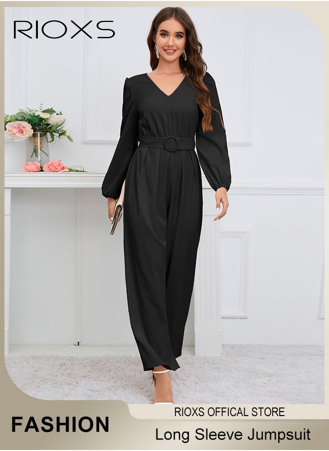 Women's Long Sleeve Slimming Jumpsuit Outfit Puff Sleeves V Neck Top And Loose Straight Leg Long Pants With Waist Belt For Business Work And Daily Wear