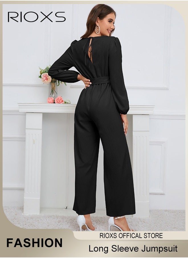 Women's Long Sleeve Slimming Jumpsuit Outfit Puff Sleeves V Neck Top And Loose Straight Leg Long Pants With Waist Belt For Business Work And Daily Wear