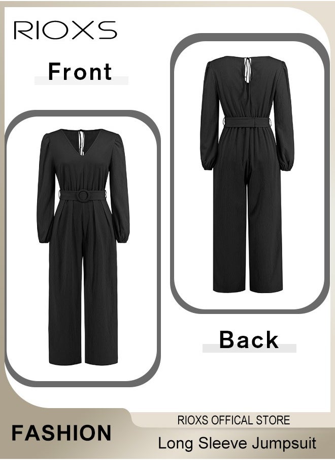 Women's Long Sleeve Slimming Jumpsuit Outfit Puff Sleeves V Neck Top And Loose Straight Leg Long Pants With Waist Belt For Business Work And Daily Wear