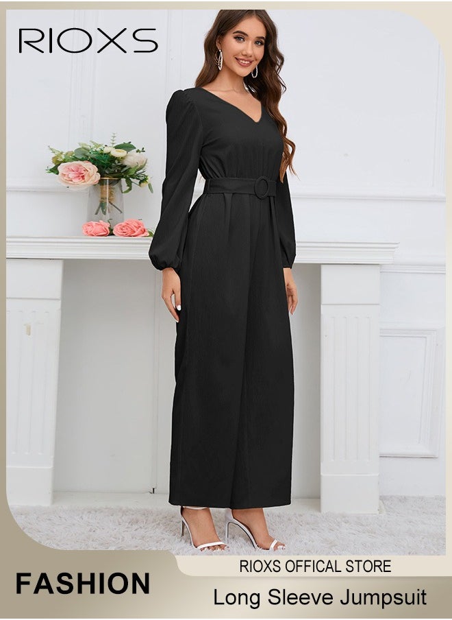 Women's Long Sleeve Slimming Jumpsuit Outfit Puff Sleeves V Neck Top And Loose Straight Leg Long Pants With Waist Belt For Business Work And Daily Wear