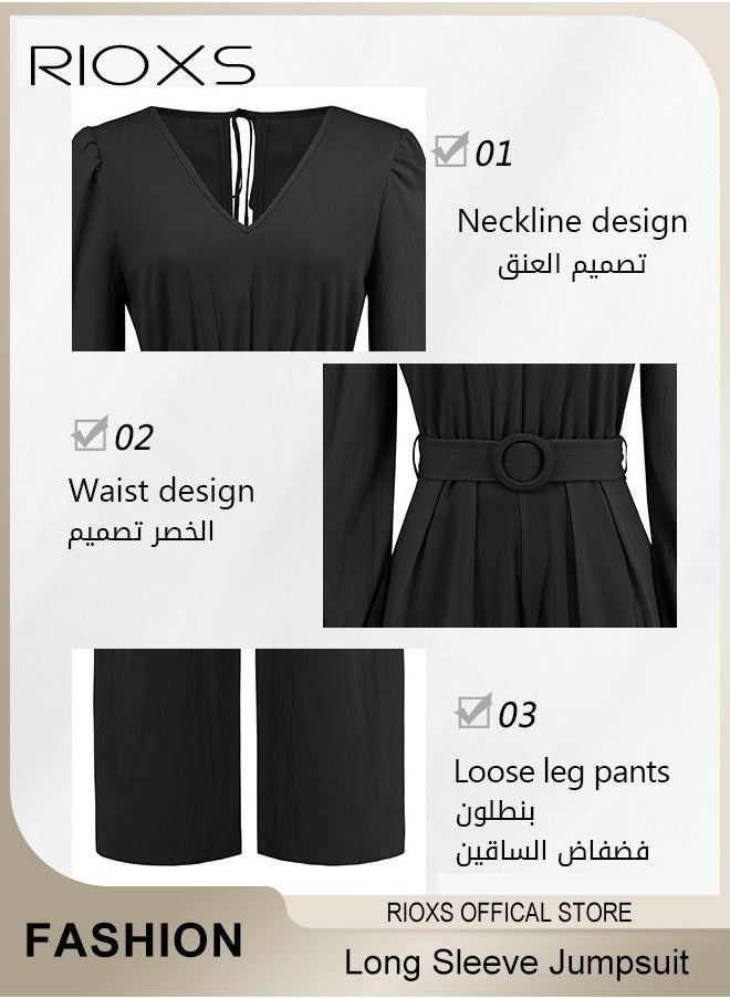 Women's Long Sleeve Slimming Jumpsuit Outfit Puff Sleeves V Neck Top And Loose Straight Leg Long Pants With Waist Belt For Business Work And Daily Wear