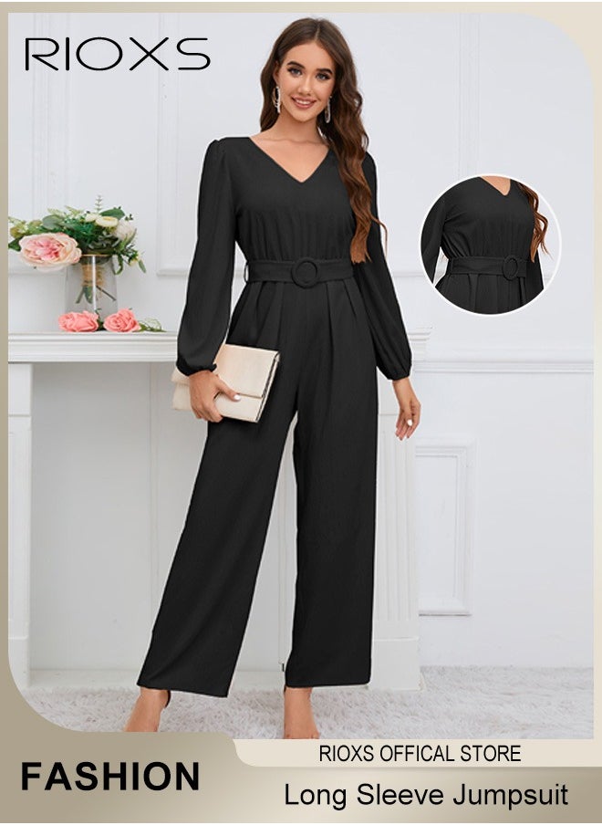 Women's Long Sleeve Slimming Jumpsuit Outfit Puff Sleeves V Neck Top And Loose Straight Leg Long Pants With Waist Belt For Business Work And Daily Wear