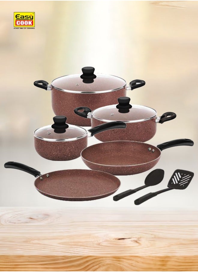 10 Pcs Marble Cookware Set | Marble Coated Forged Aluminum Body Tempered Glass Lid With Wide Stainless Steel, Congo Brown