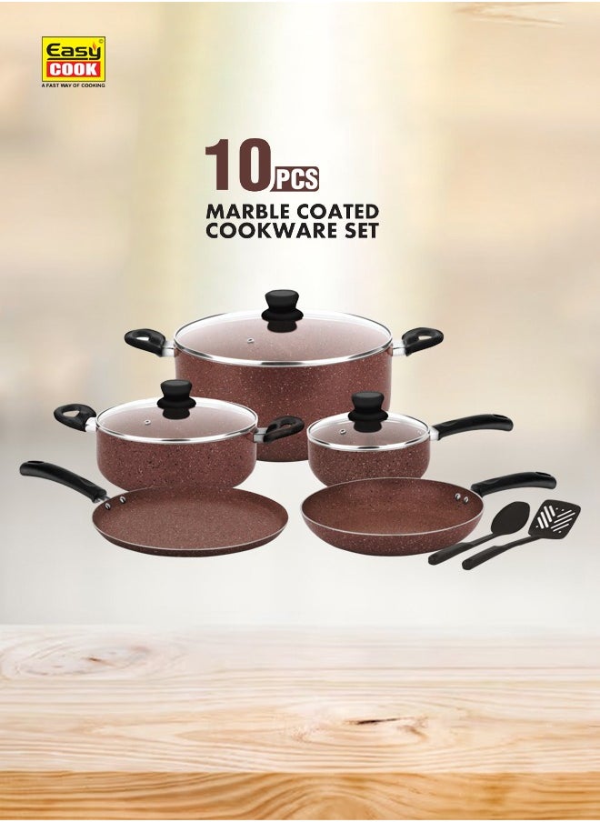 10 Pcs Marble Cookware Set | Marble Coated Forged Aluminum Body Tempered Glass Lid With Wide Stainless Steel, Congo Brown