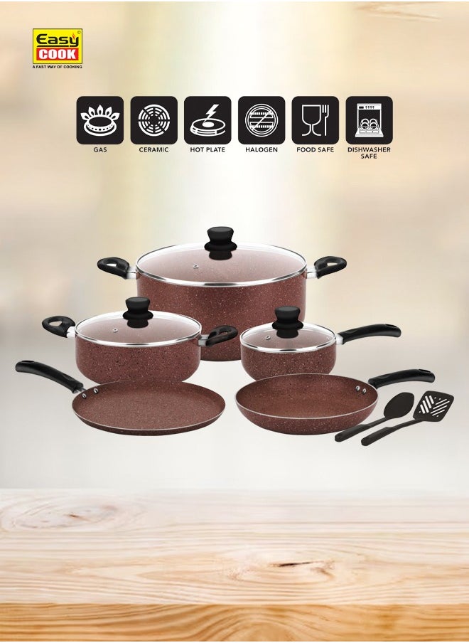 10 Pcs Marble Cookware Set | Marble Coated Forged Aluminum Body Tempered Glass Lid With Wide Stainless Steel, Congo Brown