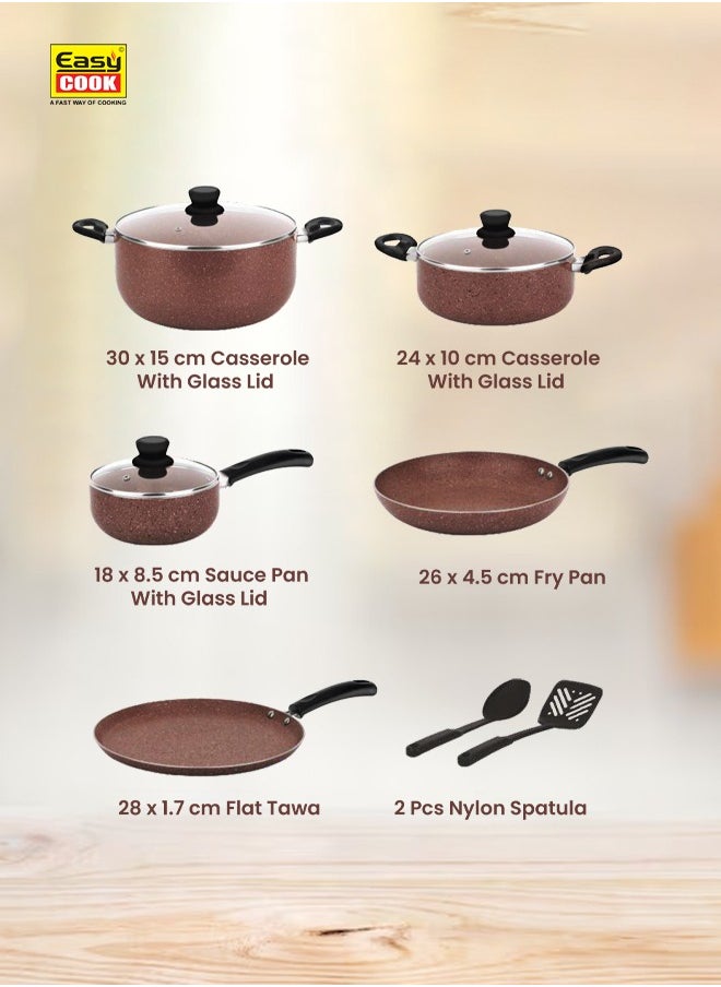 10 Pcs Marble Cookware Set | Marble Coated Forged Aluminum Body Tempered Glass Lid With Wide Stainless Steel, Congo Brown