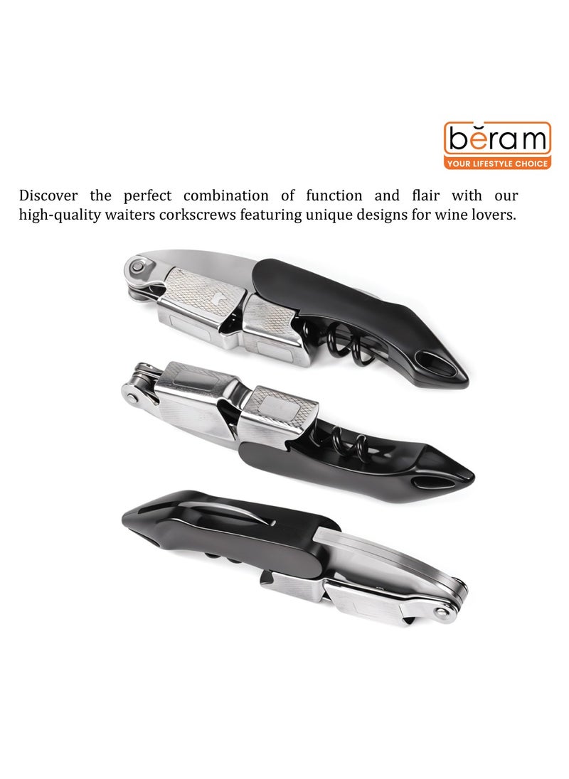 Multifunctional Opener, Waiters Corkscrew, Heavy Duty Stainless Steel Hinges, Bottle, Cork, Key Openers for Restaurant Waiters, Sommelier, Bartenders, Black