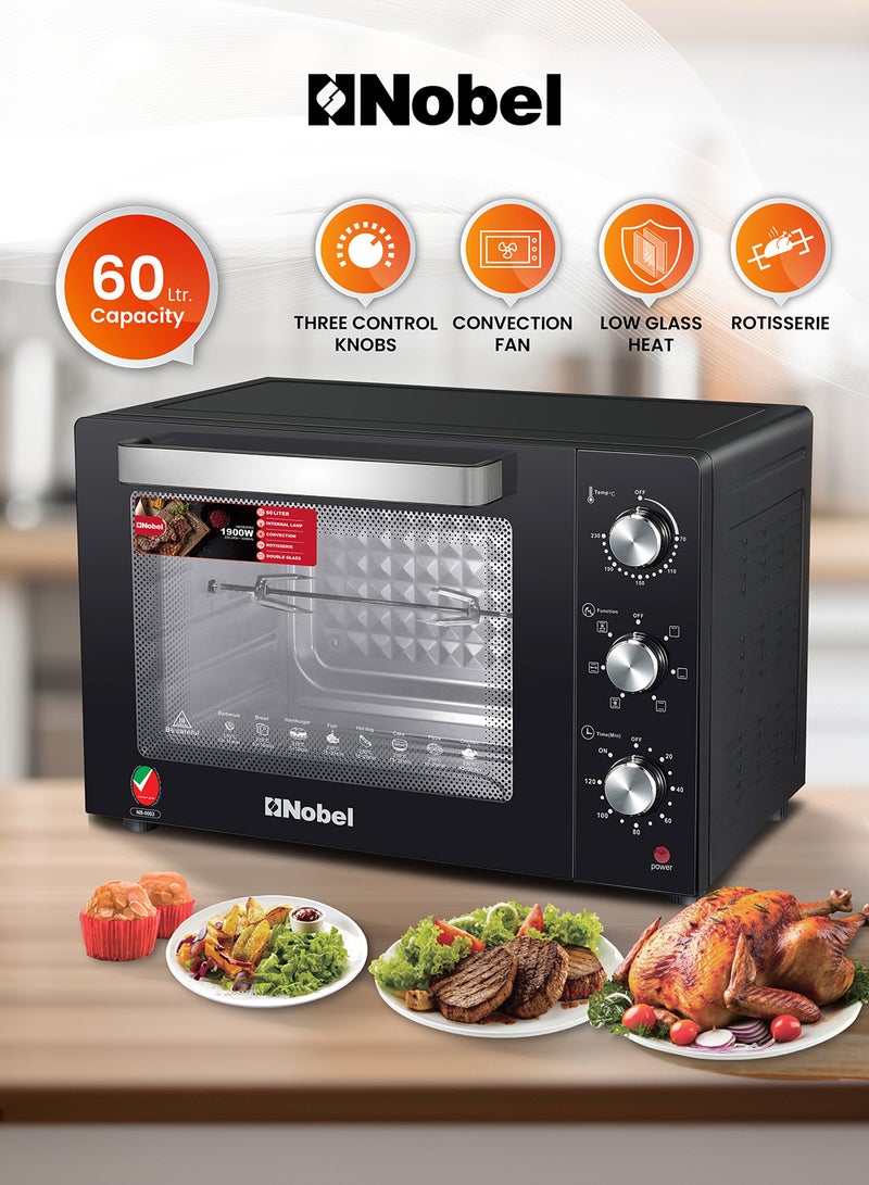 Electric Oven 60L Capacity, Inner Lamp, Knobs Control, Stainless Steel, Timer 60 L 1900 W NEO60PRO Black