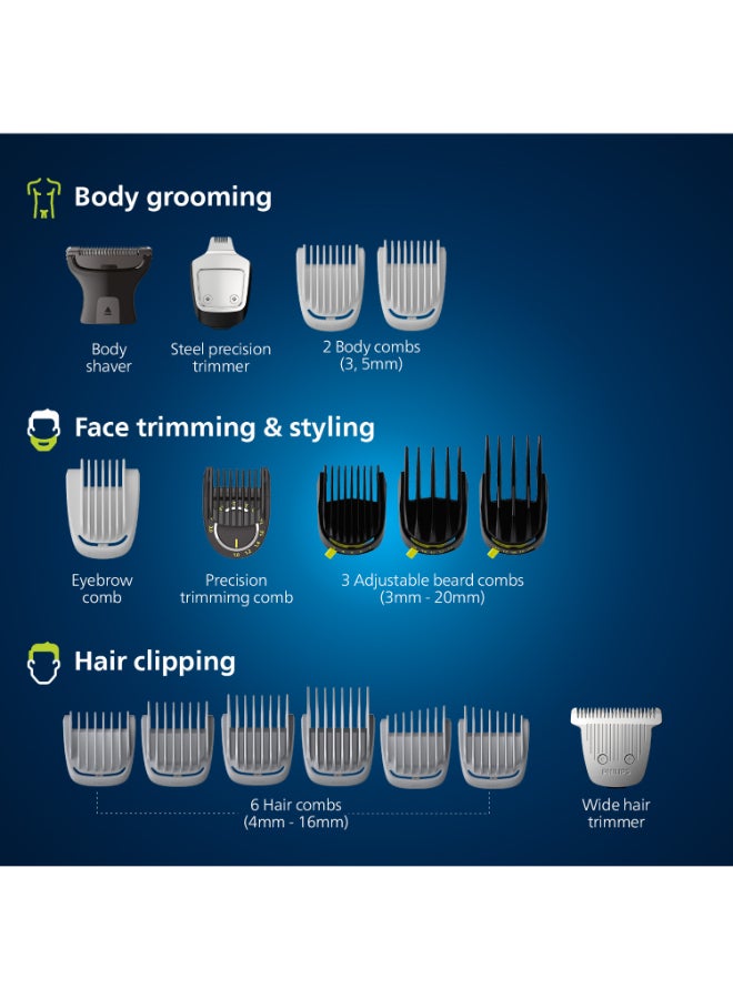 All-in-One Trimmer MG9553/15,20-in-1 Face, Hair & Body Grooming,OneBlade for Precision Styling,120min Cordless Use, Showerproof, Travel Pouch Black/Grey