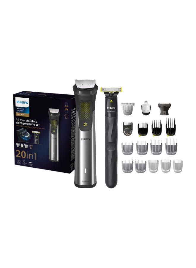 All-in-One Trimmer MG9553/15,20-in-1 Face, Hair & Body Grooming,OneBlade for Precision Styling,120min Cordless Use, Showerproof, Travel Pouch Black/Grey