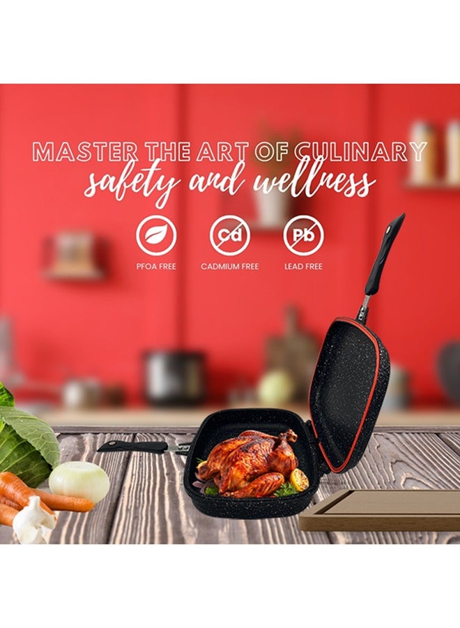 Sonex Diecast Double Grill Pan, Marble Coated With Bakelite Handles, Premium Die-Cast Cookware, Extra Rubber Seal, Korean Technology, Ceramic Coating, Comes With Magnetic Lock 30 cm.