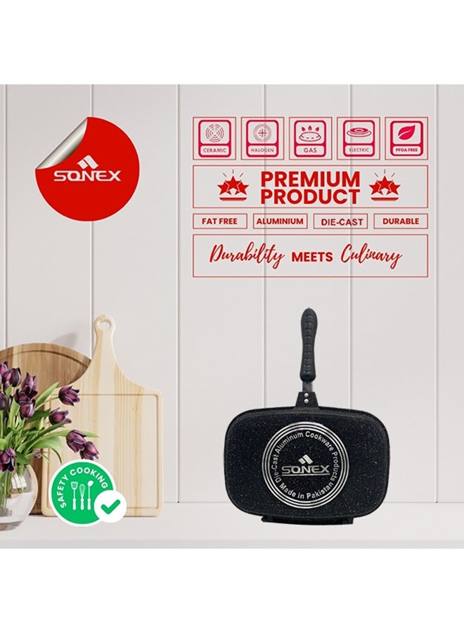 Sonex Diecast Double Grill Pan, Marble Coated With Bakelite Handles, Premium Die-Cast Cookware, Extra Rubber Seal, Korean Technology, Ceramic Coating, Comes With Magnetic Lock 30 cm.