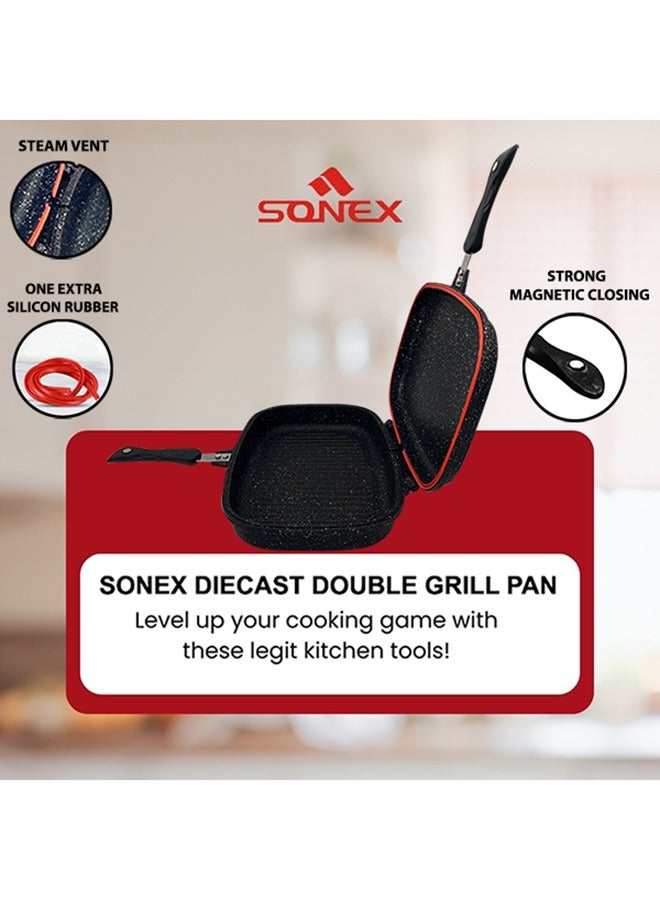 Sonex Diecast Double Grill Pan, Marble Coated With Bakelite Handles, Premium Die-Cast Cookware, Extra Rubber Seal, Korean Technology, Ceramic Coating, Comes With Magnetic Lock 30 cm.