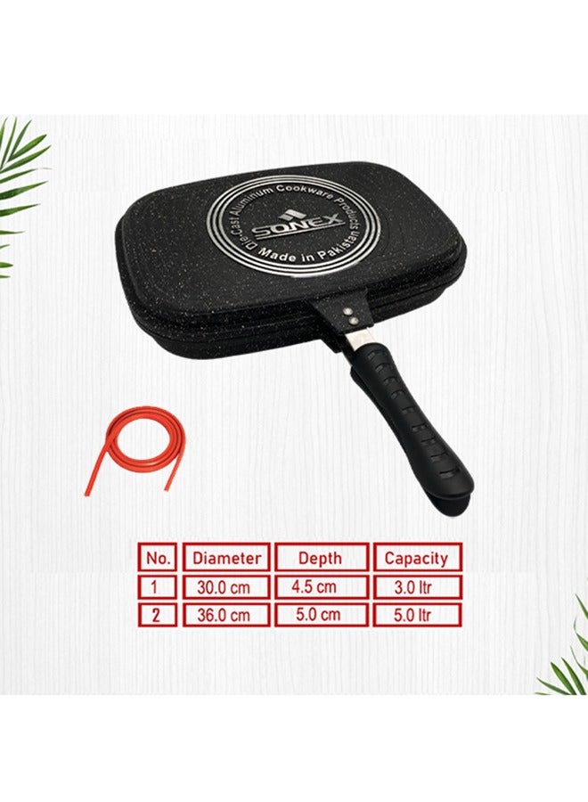 Sonex Diecast Double Grill Pan, Marble Coated With Bakelite Handles, Premium Die-Cast Cookware, Extra Rubber Seal, Korean Technology, Ceramic Coating, Comes With Magnetic Lock 30 cm.