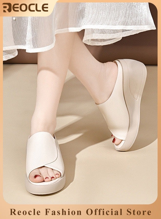 Women's Wedge Platform Sandals Open Toe Slip On Mules Comfortable Fashion Summer Slippers Shoes Fish Mouth Platform Wedge Slippers Sandals