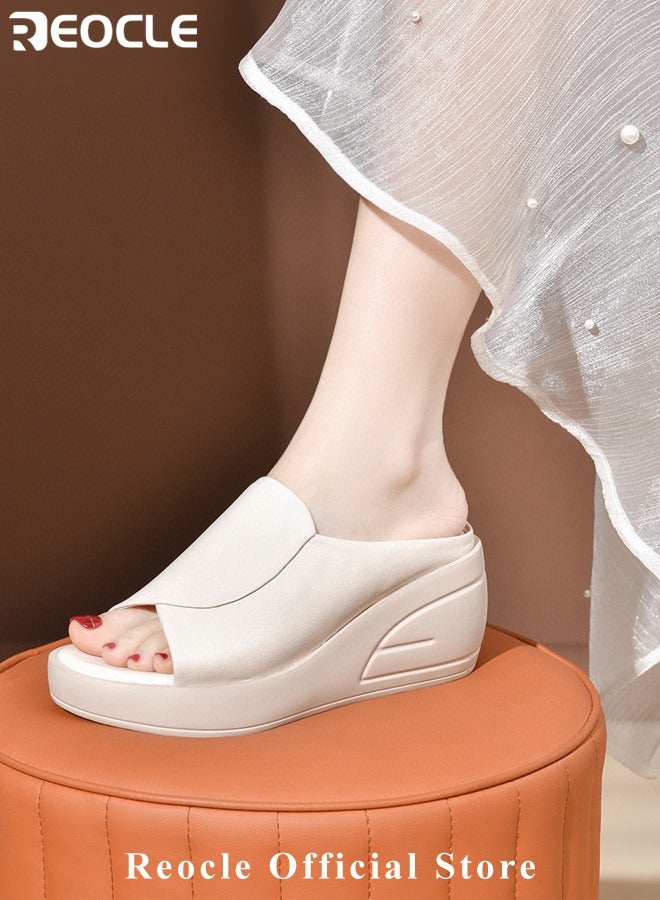 Women's Wedge Platform Sandals Open Toe Slip On Mules Comfortable Fashion Summer Slippers Shoes Fish Mouth Platform Wedge Slippers Sandals