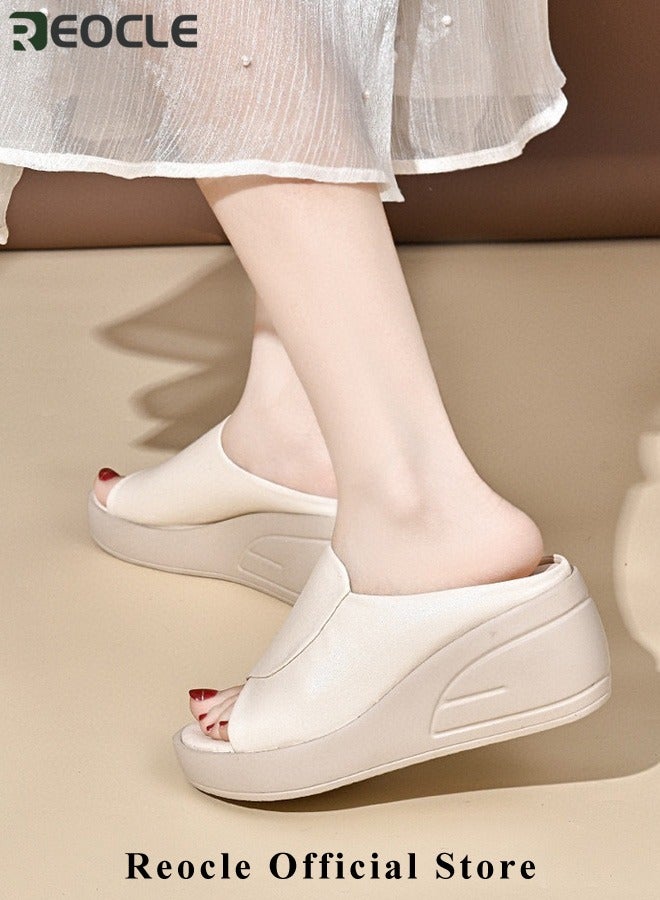Women's Wedge Platform Sandals Open Toe Slip On Mules Comfortable Fashion Summer Slippers Shoes Fish Mouth Platform Wedge Slippers Sandals