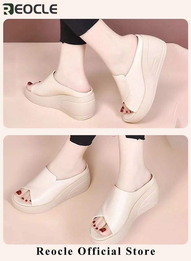Women's Wedge Platform Sandals Open Toe Slip On Mules Comfortable Fashion Summer Slippers Shoes Fish Mouth Platform Wedge Slippers Sandals