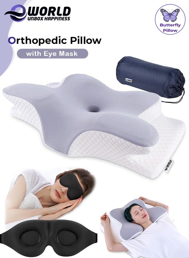 Memory Foam Butterfly-Shaped Cervical Pillow for Shoulder and Neck Pain Relief, Ergonomic Orthopedic Support for Side, Back, and Stomach Sleeping, Washable Cover & Sleeping Eye Mask Included