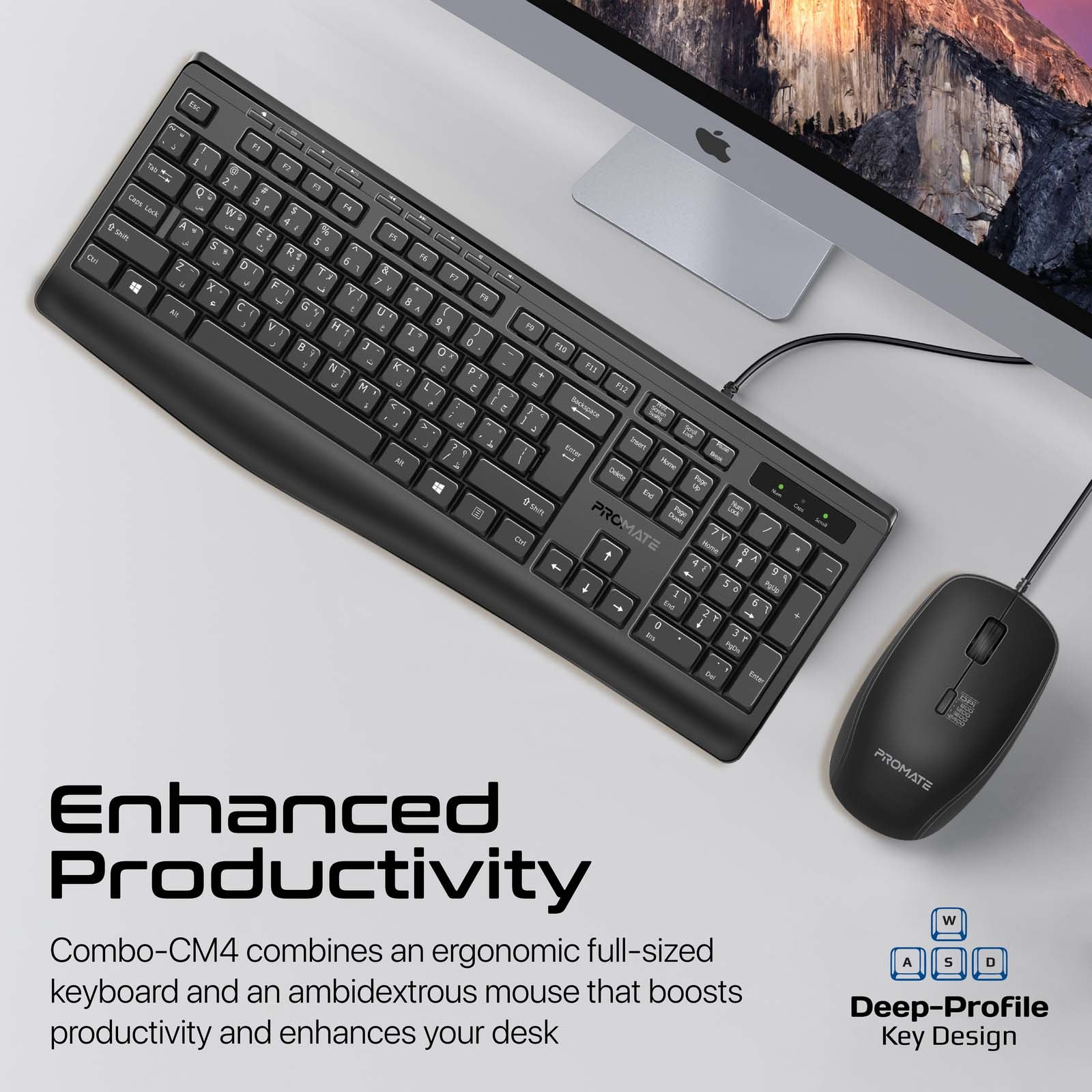 Wired Keyboard and Mouse with Ambidextrous, 2400 Adjustable DPI, Media Keys, Deep-Profile Keycap, Spill Resistance, Combo-CM4 Black