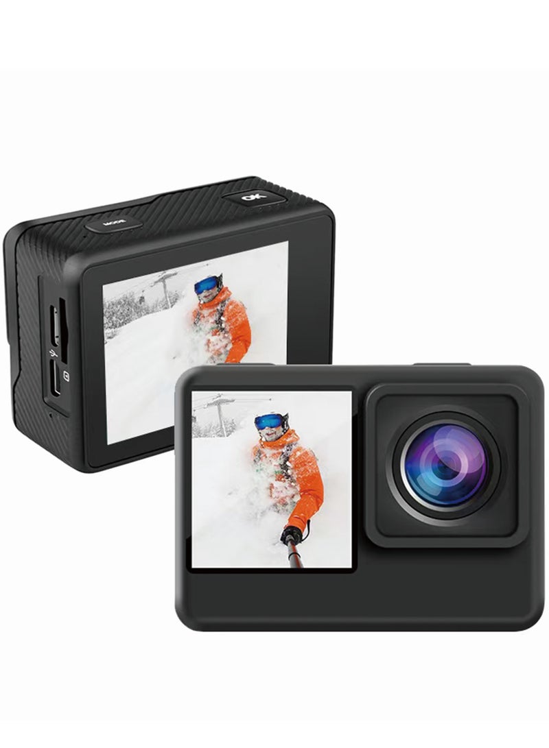 Waterproof 4K Action Camera / 16MP HD Photos /with Multiple Shooting Modes, Time-lapse, Loop Recording, Slow Motion / Dual Screen Display Action Camera for Outdoor & Adventures - Black