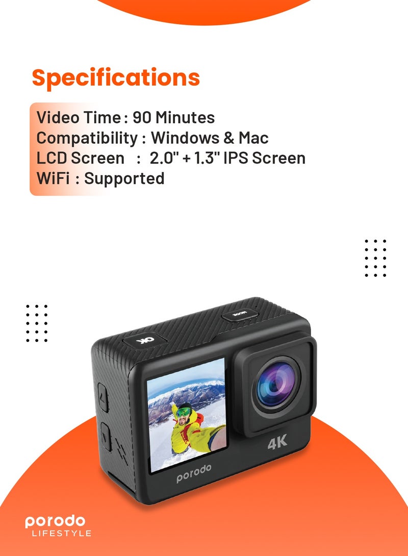 Waterproof 4K Action Camera / 16MP HD Photos /with Multiple Shooting Modes, Time-lapse, Loop Recording, Slow Motion / Dual Screen Display Action Camera for Outdoor & Adventures - Black