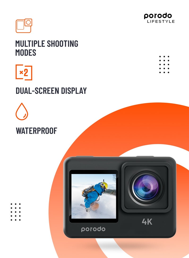 Waterproof 4K Action Camera / 16MP HD Photos /with Multiple Shooting Modes, Time-lapse, Loop Recording, Slow Motion / Dual Screen Display Action Camera for Outdoor & Adventures - Black