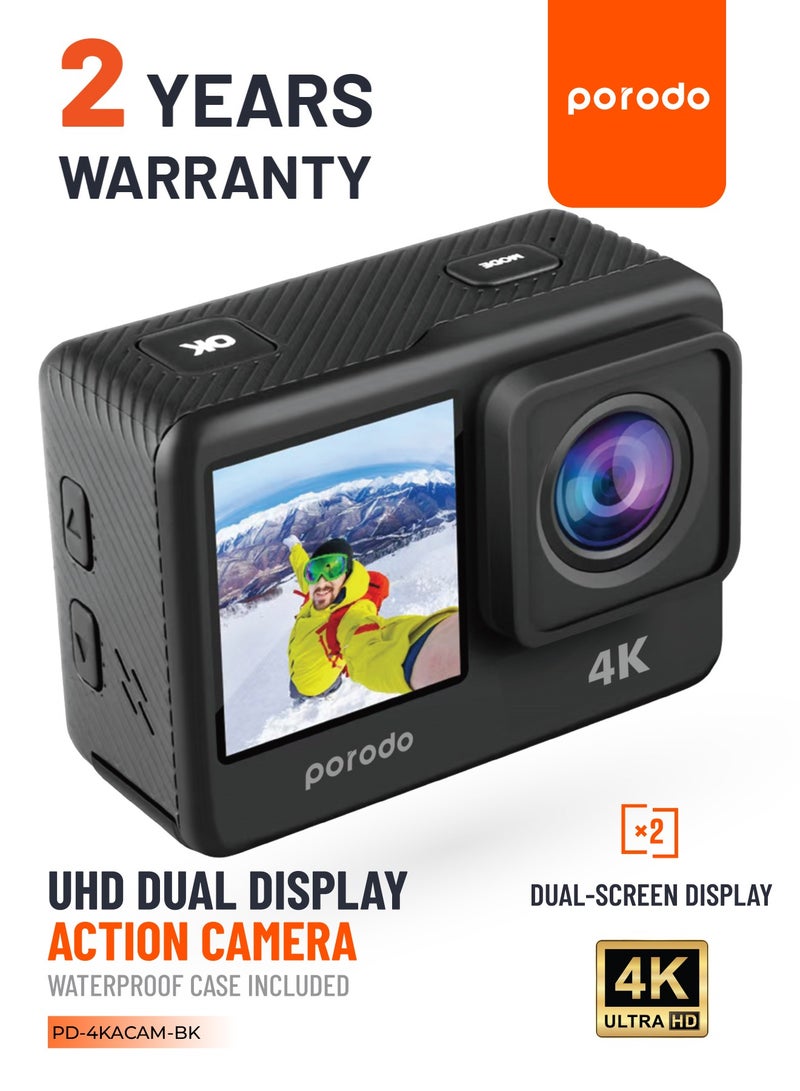 Waterproof 4K Action Camera / 16MP HD Photos /with Multiple Shooting Modes, Time-lapse, Loop Recording, Slow Motion / Dual Screen Display Action Camera for Outdoor & Adventures - Black