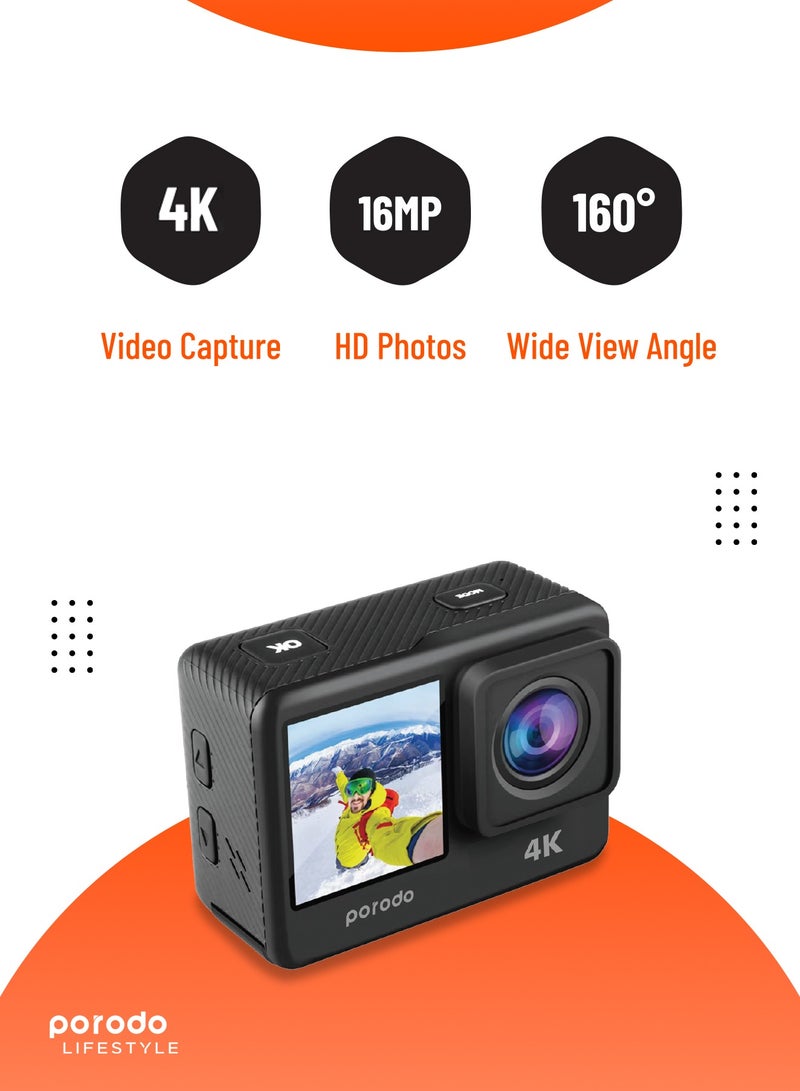 Waterproof 4K Action Camera / 16MP HD Photos /with Multiple Shooting Modes, Time-lapse, Loop Recording, Slow Motion / Dual Screen Display Action Camera for Outdoor & Adventures - Black