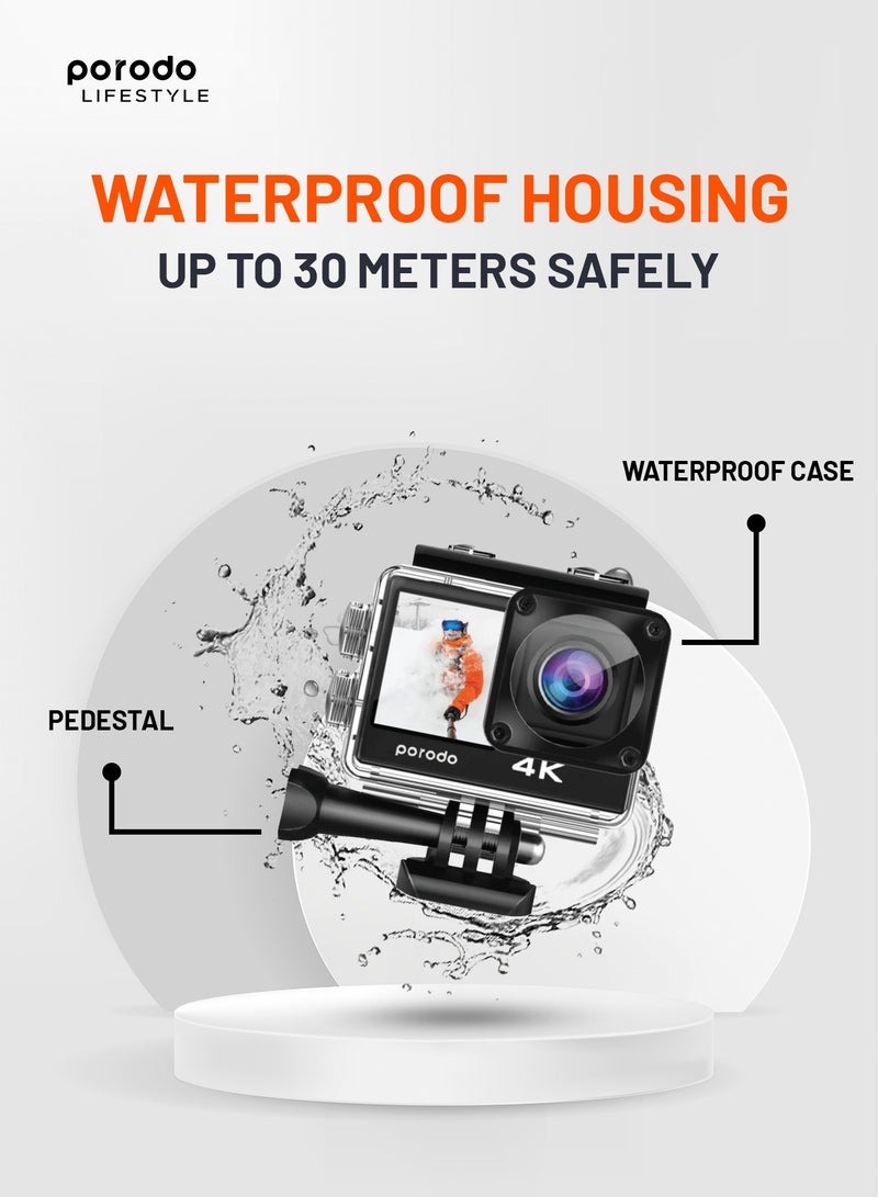 Waterproof 4K Action Camera / 16MP HD Photos /with Multiple Shooting Modes, Time-lapse, Loop Recording, Slow Motion / Dual Screen Display Action Camera for Outdoor & Adventures - Black
