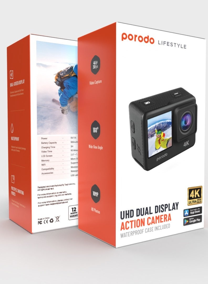 Waterproof 4K Action Camera / 16MP HD Photos /with Multiple Shooting Modes, Time-lapse, Loop Recording, Slow Motion / Dual Screen Display Action Camera for Outdoor & Adventures - Black