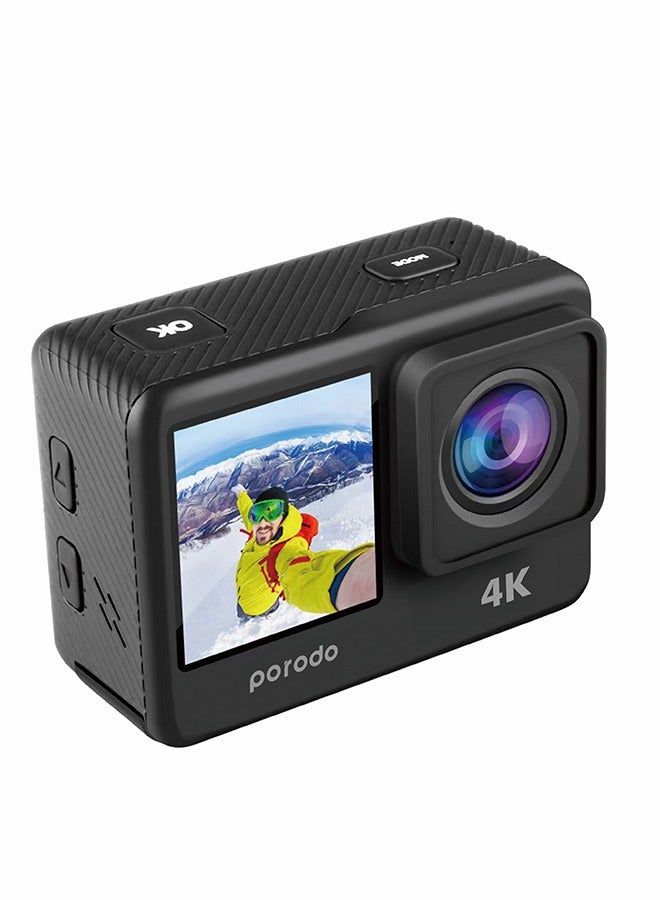 Waterproof 4K Action Camera / 16MP HD Photos /with Multiple Shooting Modes, Time-lapse, Loop Recording, Slow Motion / Dual Screen Display Action Camera for Outdoor & Adventures - Black