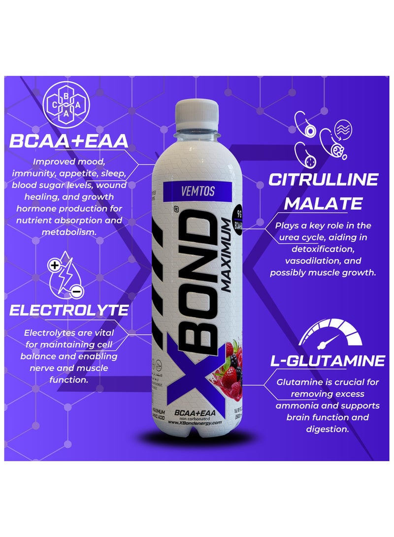 X-BOND 9g BCAA + EAA Vemtos Maximum Recovery  Non Carbonated Drink Maximum Amino Drink -  Electrolytes Drink - 16 fl oz (500 ml), Sugar Free 38 Calories, 60mg Caffeine Pack of 12