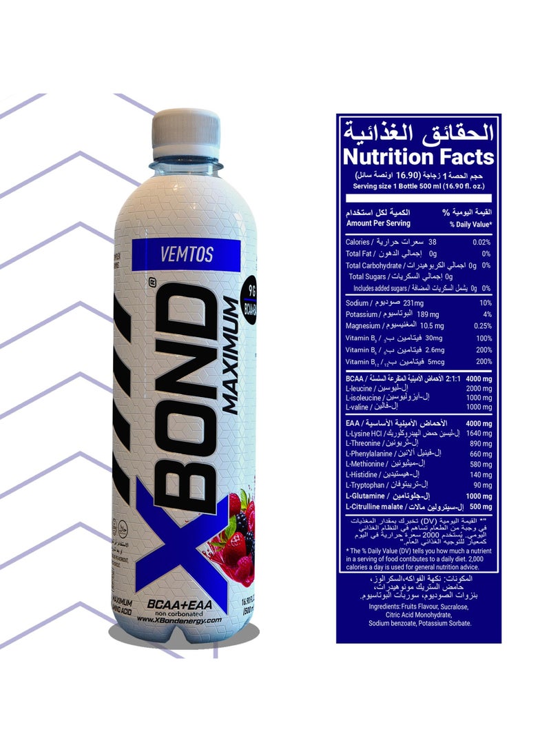 X-BOND 9g BCAA + EAA Vemtos Maximum Recovery  Non Carbonated Drink Maximum Amino Drink -  Electrolytes Drink - 16 fl oz (500 ml), Sugar Free 38 Calories, 60mg Caffeine Pack of 12