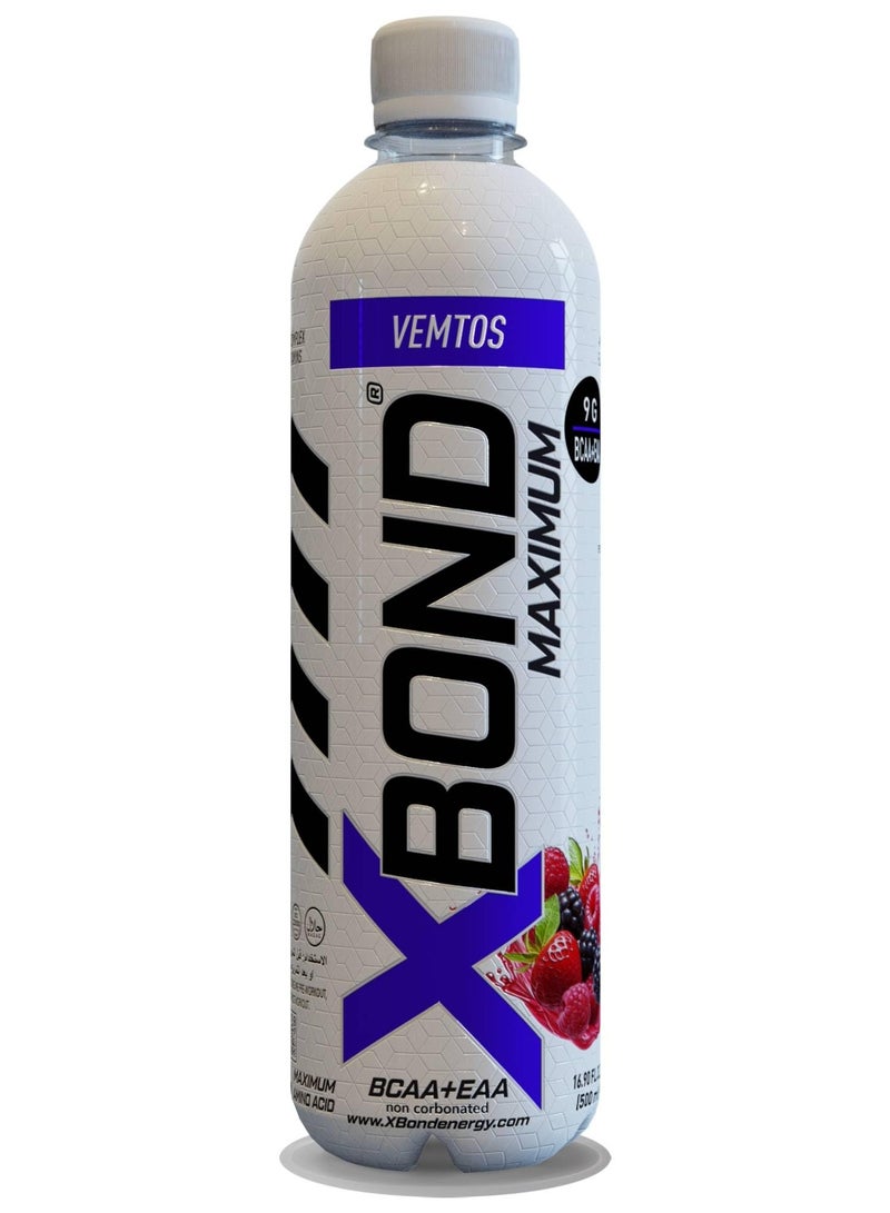 X-BOND 9g BCAA + EAA Vemtos Maximum Recovery  Non Carbonated Drink Maximum Amino Drink -  Electrolytes Drink - 16 fl oz (500 ml), Sugar Free 38 Calories, 60mg Caffeine Pack of 12