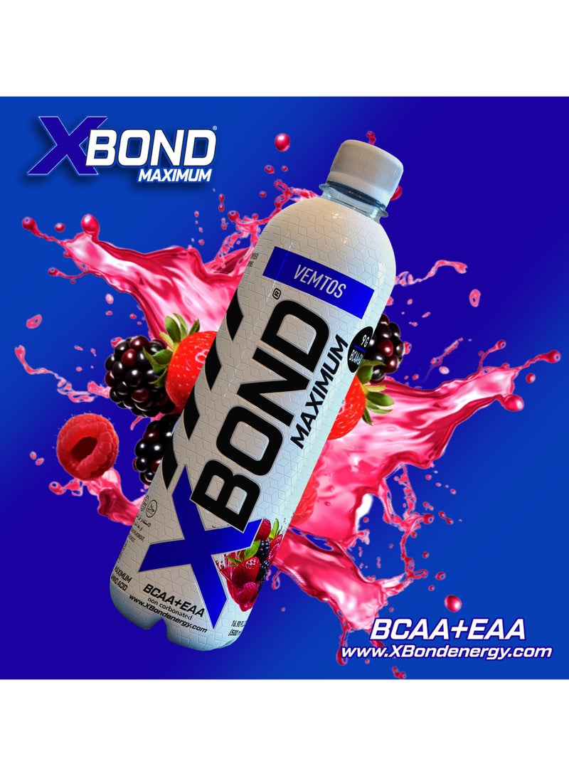 X-BOND 9g BCAA + EAA Vemtos Maximum Recovery  Non Carbonated Drink Maximum Amino Drink -  Electrolytes Drink - 16 fl oz (500 ml), Sugar Free 38 Calories, 60mg Caffeine Pack of 12